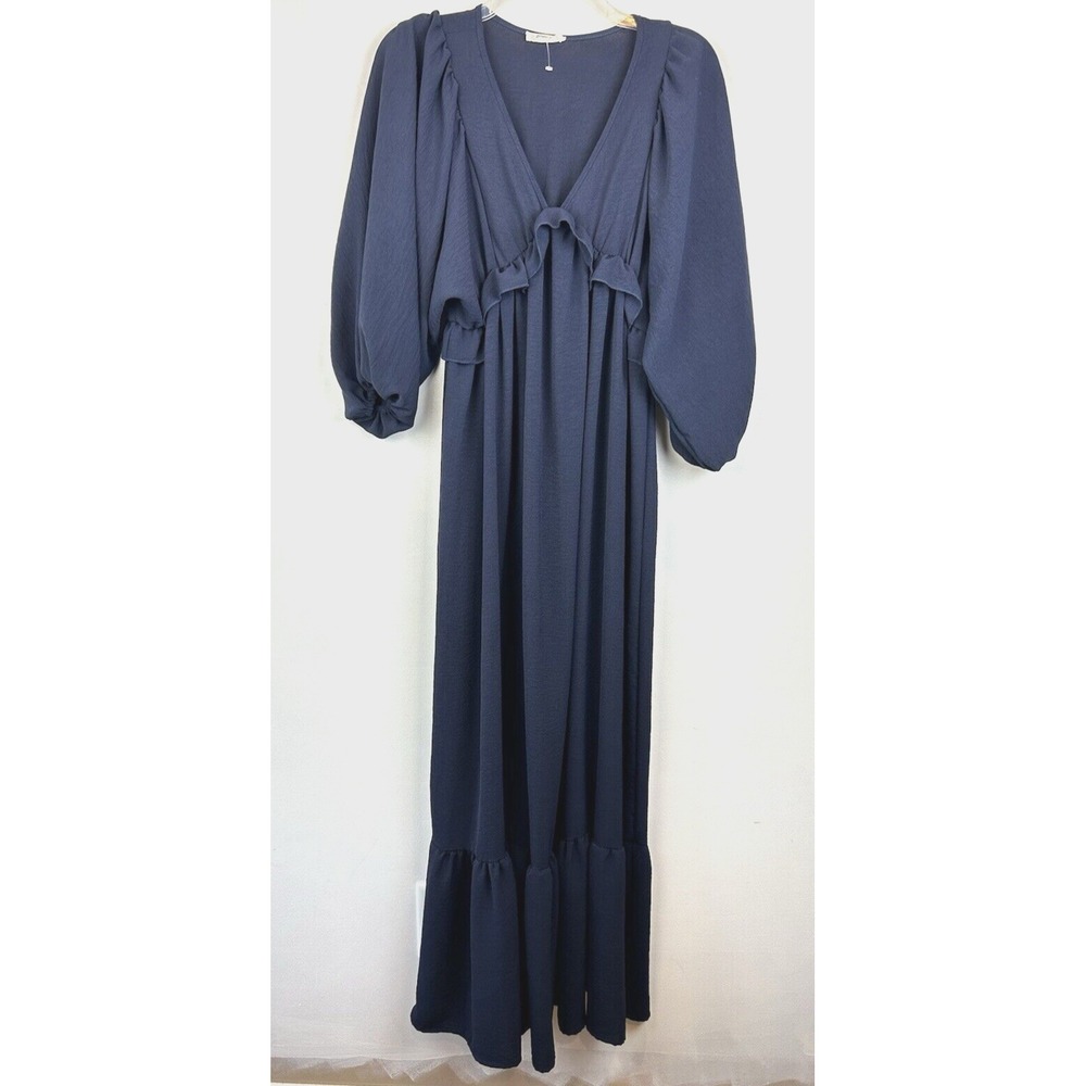 Maxi Dress Womens Small Solid Navy Blue Empire Waist Peasant Flowy Romantic